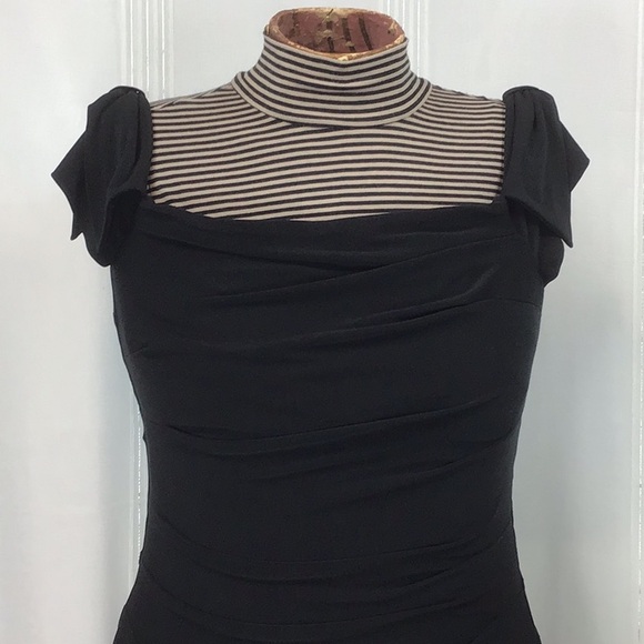Lauren Black Ruched Lined Jersey with Cap and Bow Sleeves Cocktail Dress - Picture 3 of 16